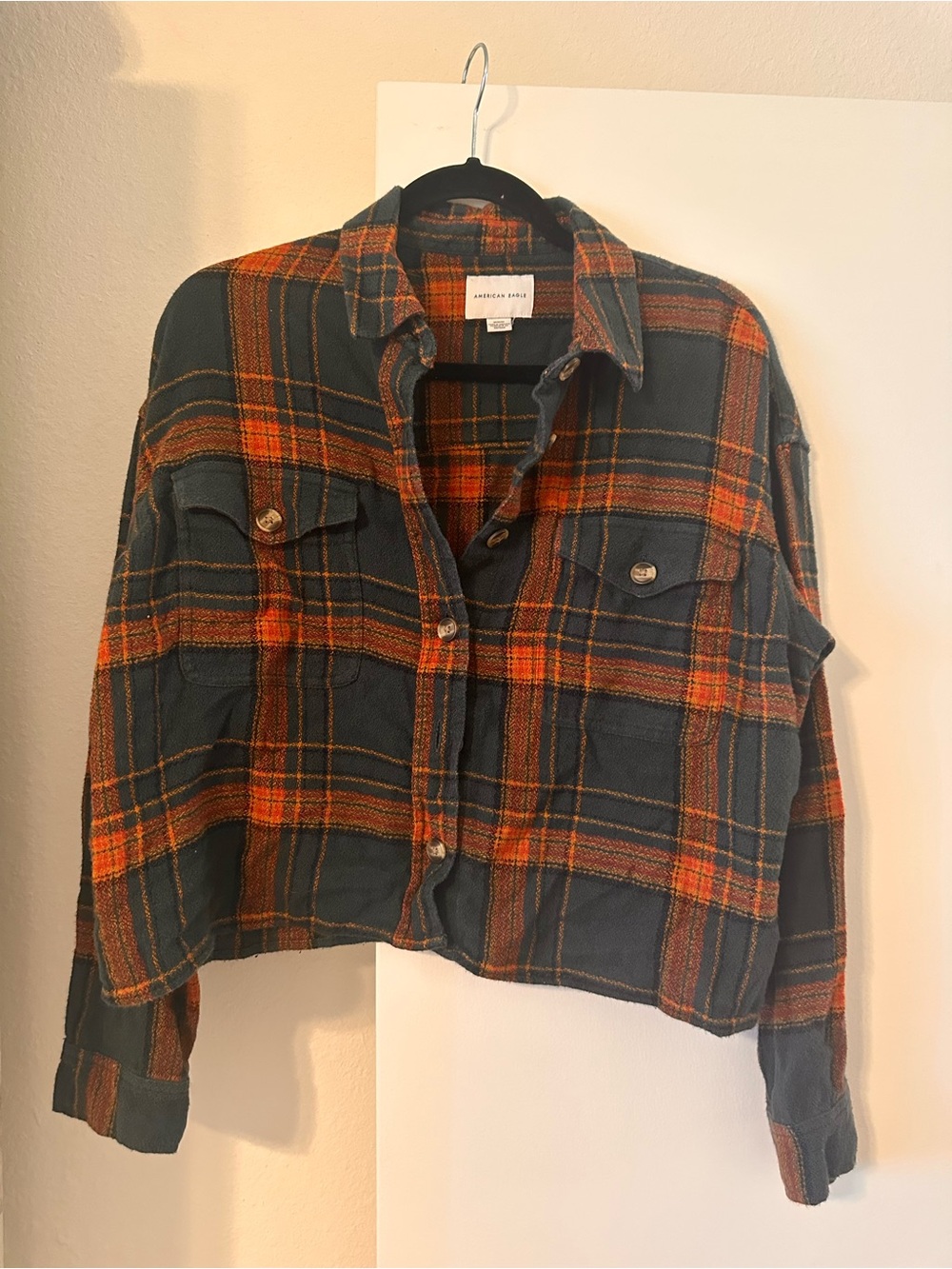 American Eagle Outfitters Green and Orange Plaid Cropped Shacket